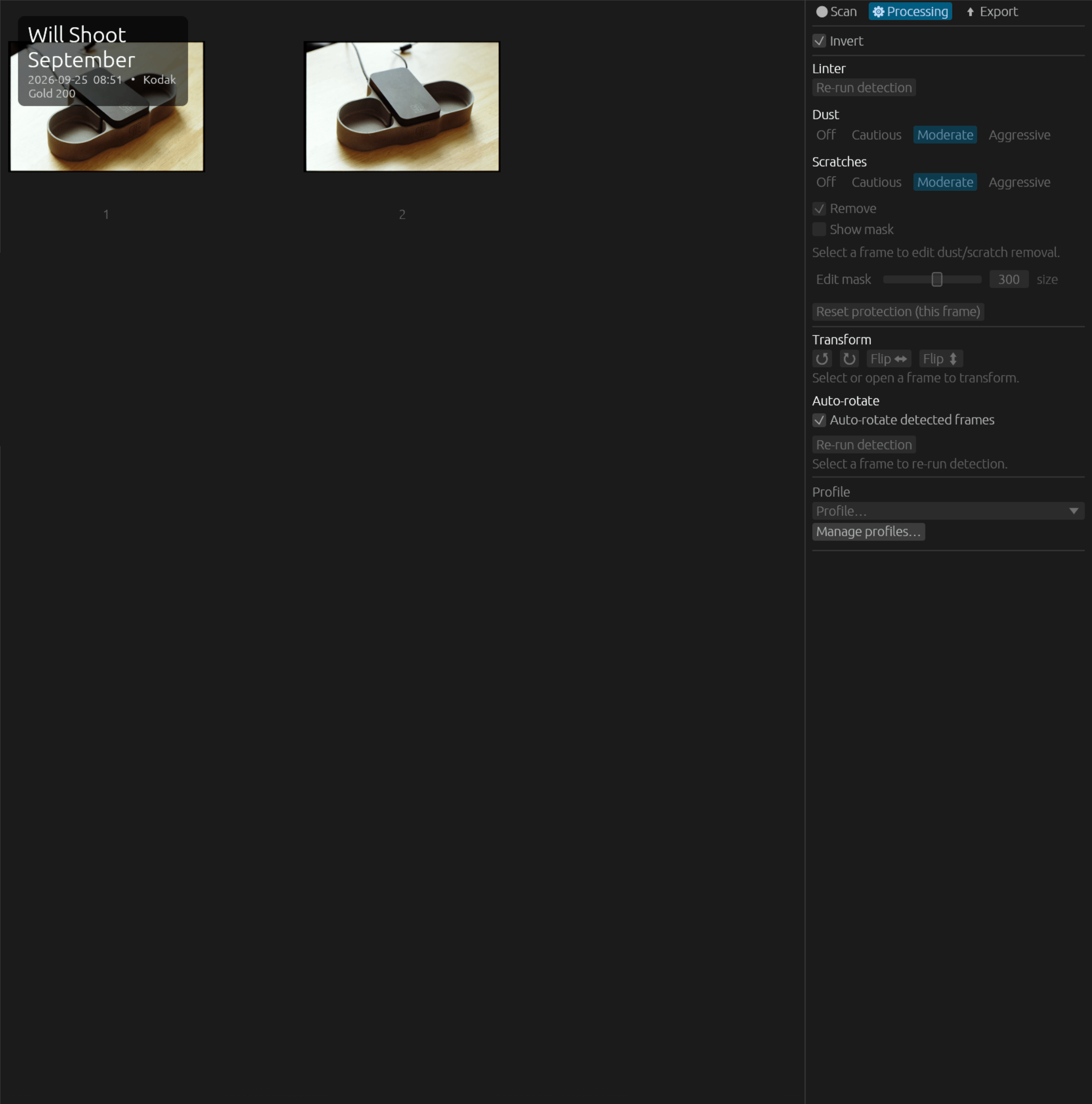 Korova's frame grid filling up one frame at a time as a roll is scanned