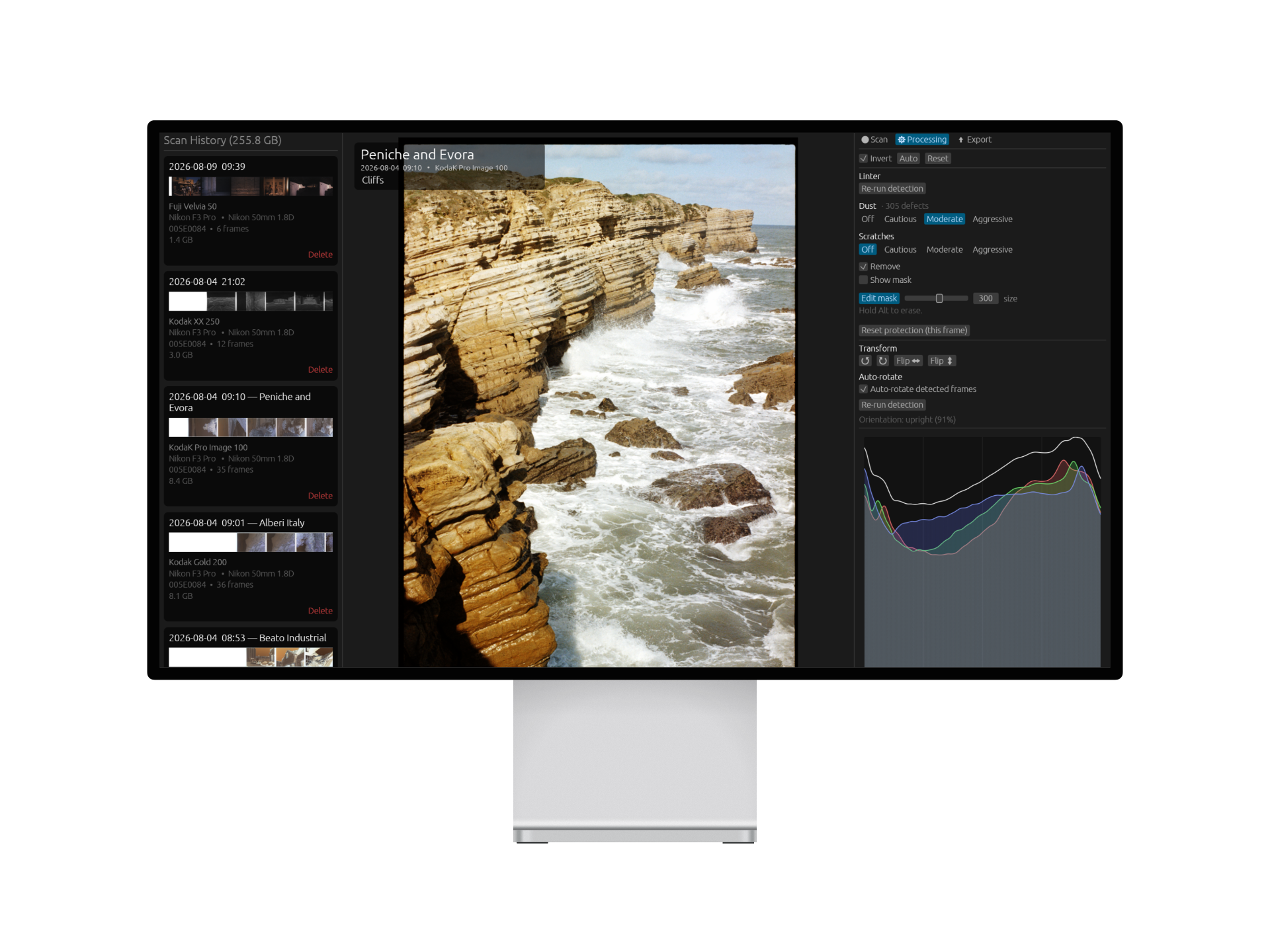 The Korova interface on a desktop display: scan history on the left, a full-resolution preview of a scanned frame in the centre, and processing controls with a histogram on the right